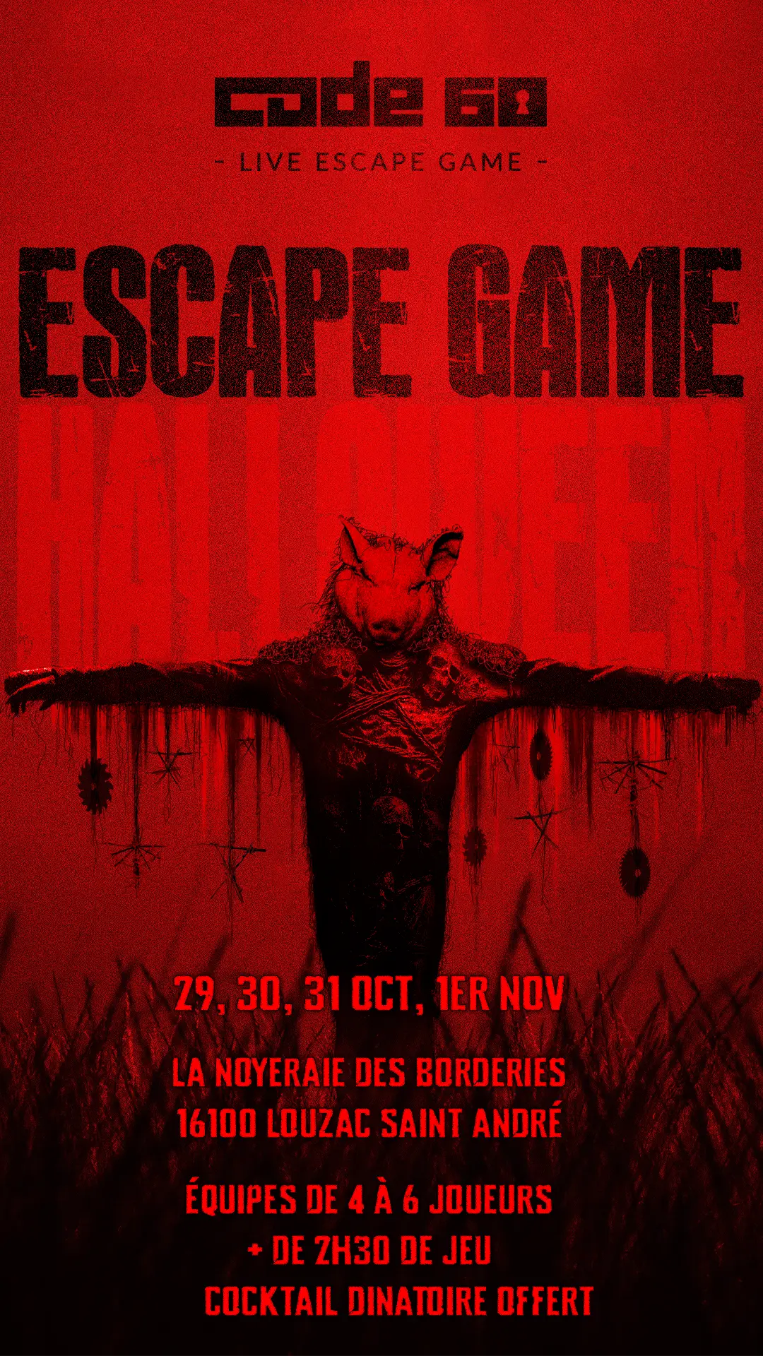 Affiche Halloween 2025 chez Code60 Escape Game à Angoulême : décor rouge intense, créature inquiétante, dates et lieu en bas d’image.
