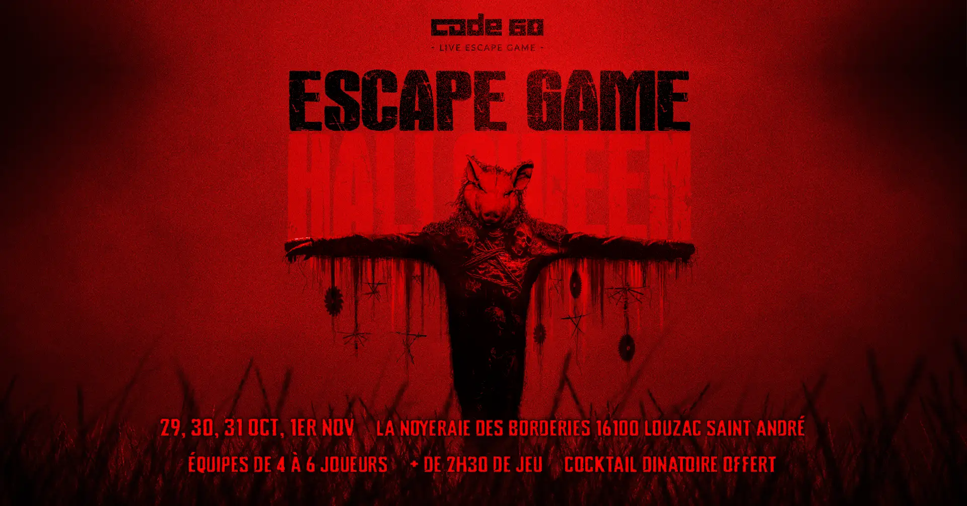 Affiche Halloween 2025 chez Code60 Escape Game à Angoulême : décor rouge intense, créature inquiétante, dates et lieu en bas d’image.
